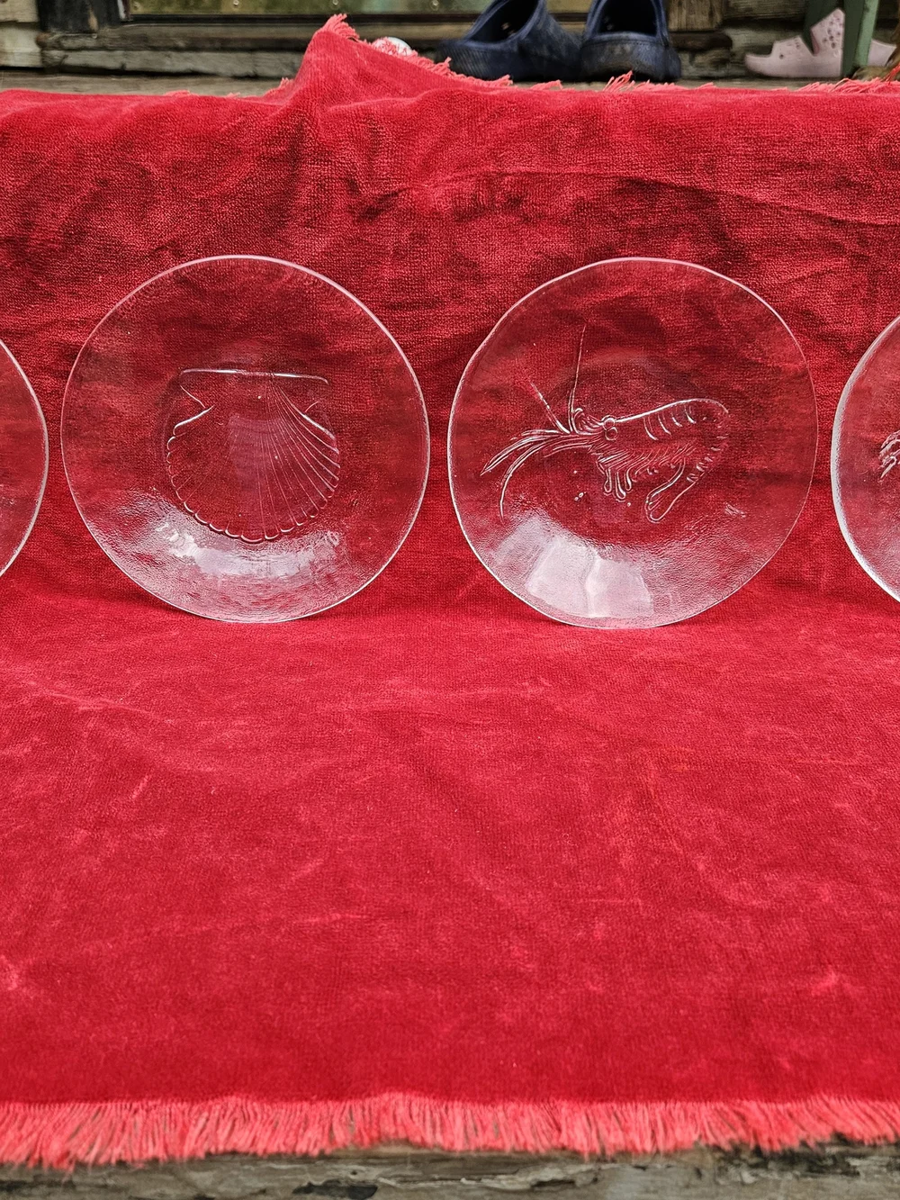 Set of 4 Clear Glass Seafood Motif Plates Appetizer Sized